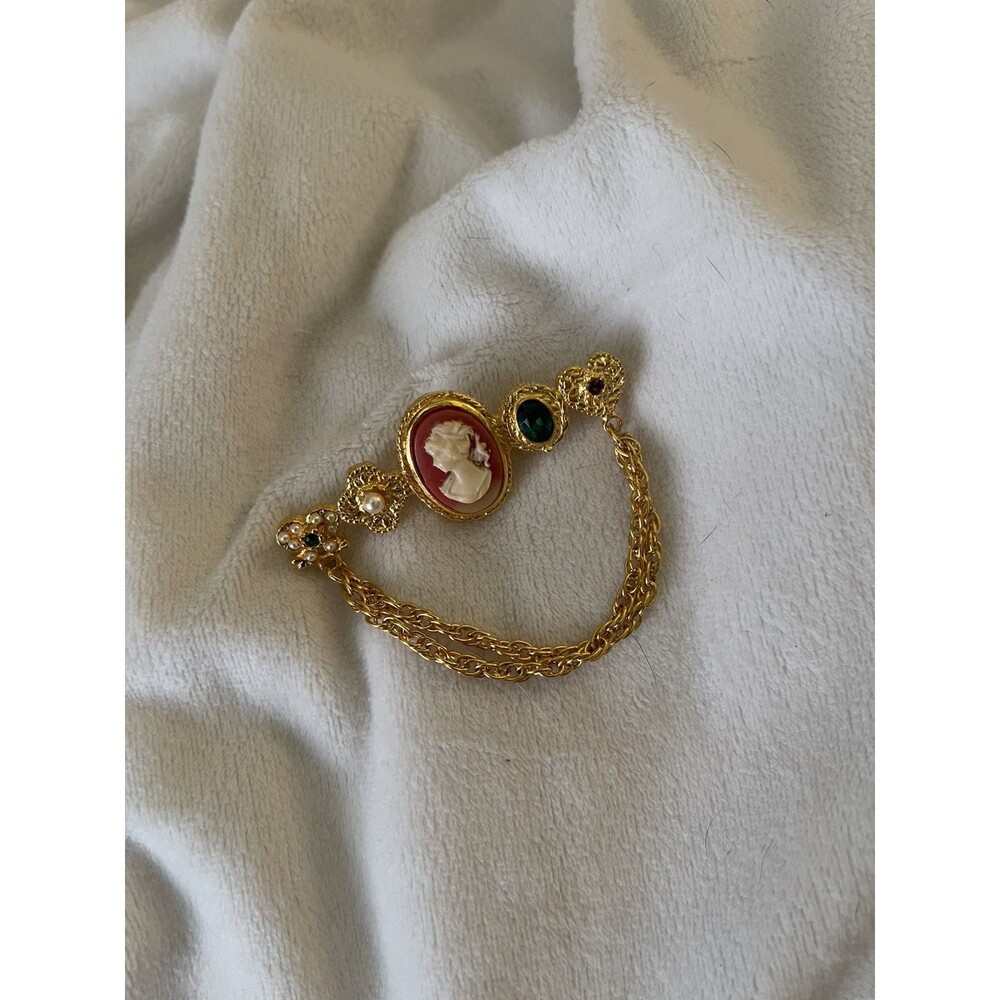 Maxine Denker Vintage Cameo Booch Pin Chain Drape Rhinestone Costume Jewelry
